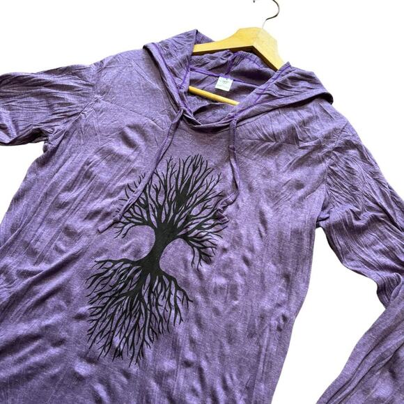 NEW MALISUN Slub Cotton Long Sleeve Hooded Tree Print Shirt SZ L - Picture 3 of 10